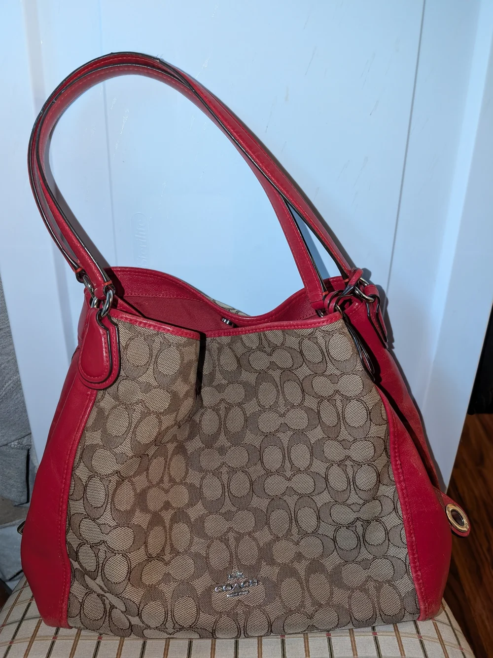 Coach Brown Signature Jacquard Shoulder Bag with Red Leather Trim